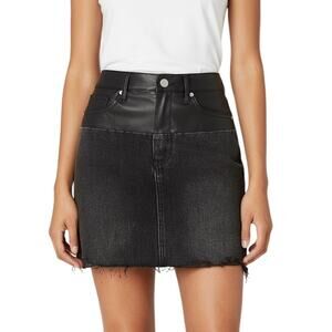 Blank NYC Patchwork Leather Denim High-Rise Mini Skirt Raw Hem Black NWT 28